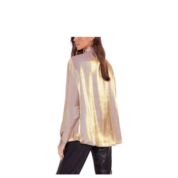 Nasty Gal Shiny Lame Ling Sleeve Button Down Blouse Gold Size 10 Holiday Party - Picture 11 of 15